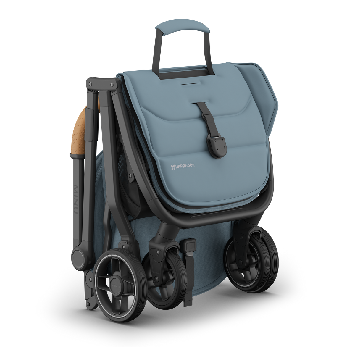 UPPAbaby Minu V3 Stroller - Dillan (Stone Blue/Carbon/Sand Leather) - Folded with Handle