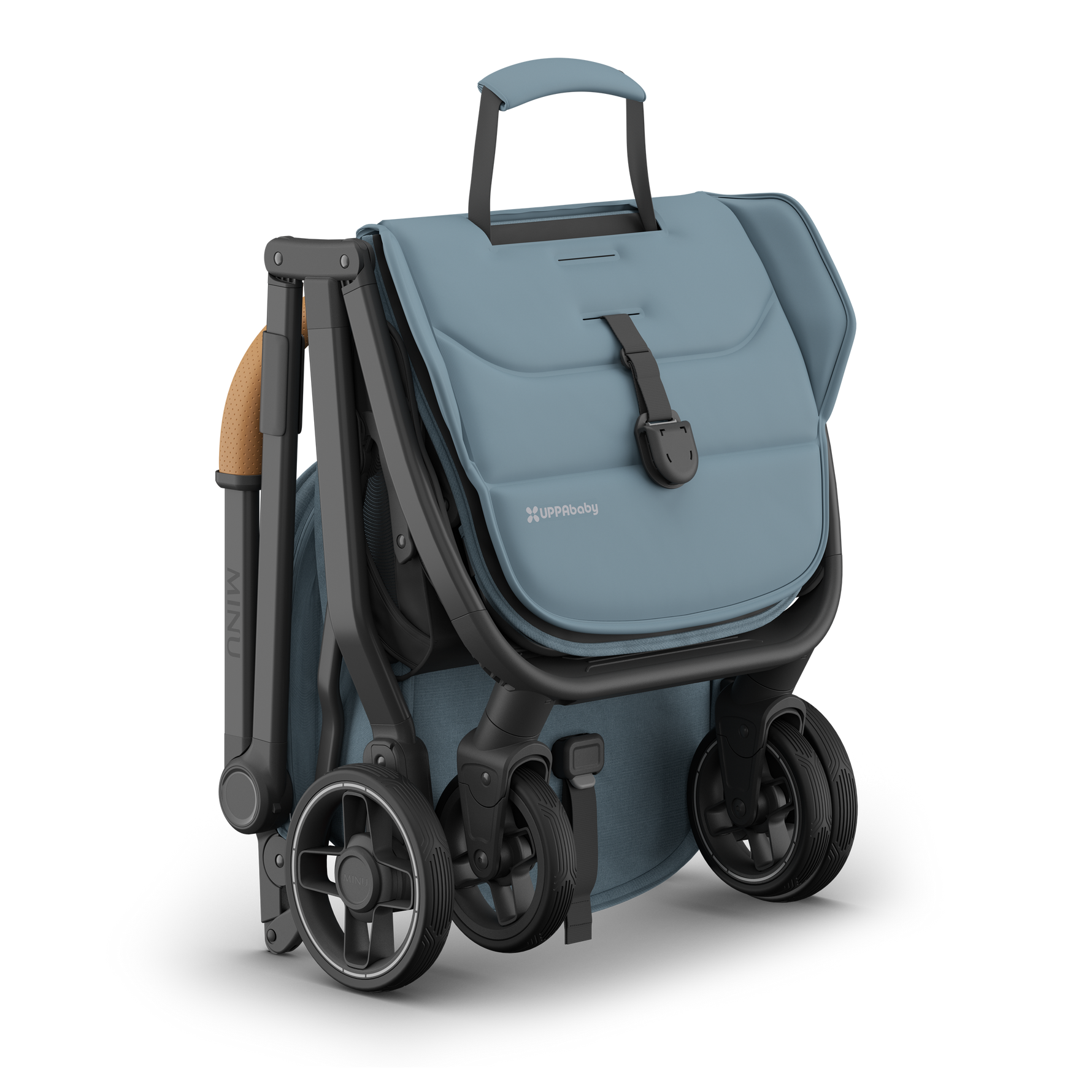 UPPAbaby Minu V3 Stroller - Dillan (Stone Blue/Carbon/Sand Leather) - Folded with Handle
