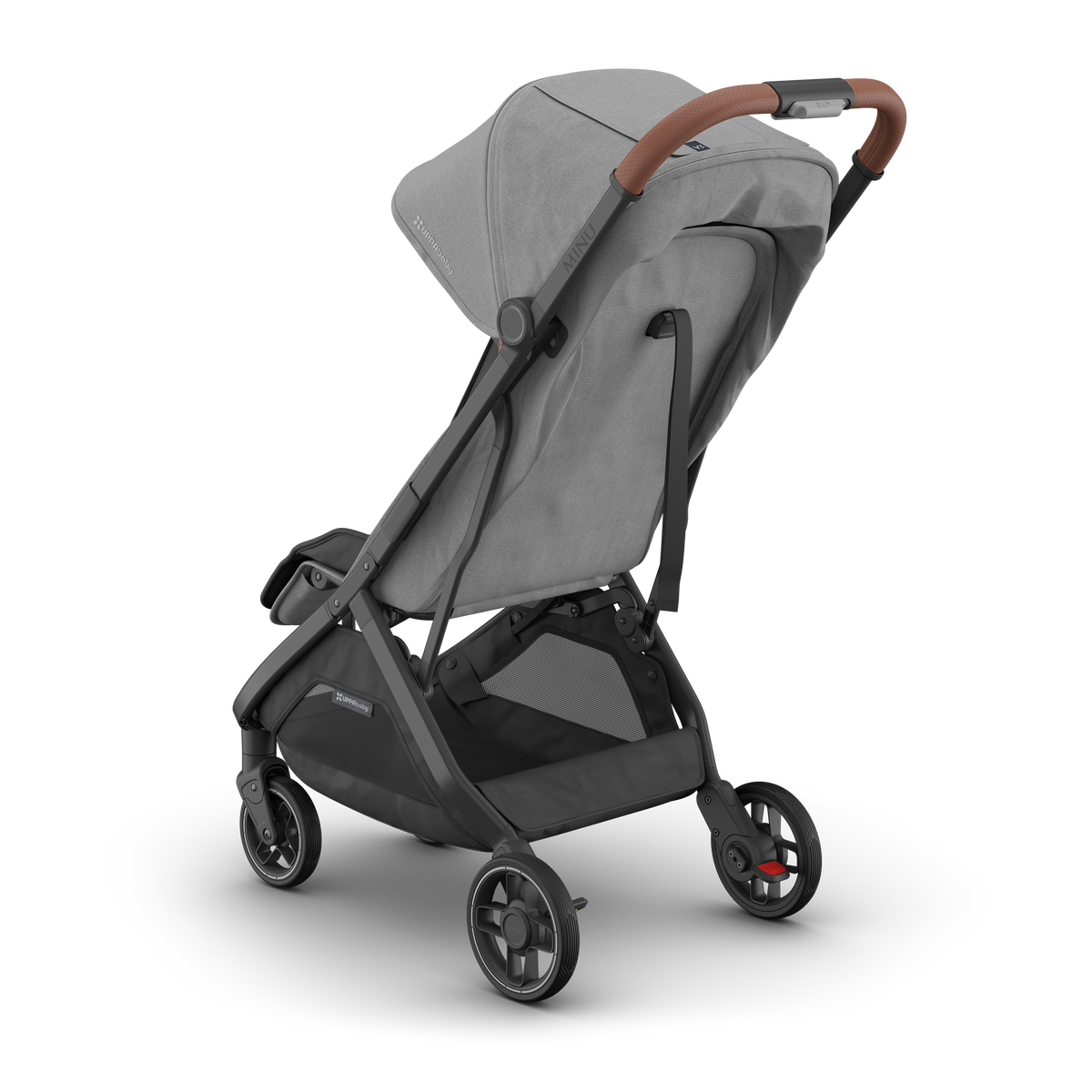 UPPAbaby Minu V3 Stroller - Greyson (Charcoal Melange/Carbon/Saddle Leather) - Back Angle View