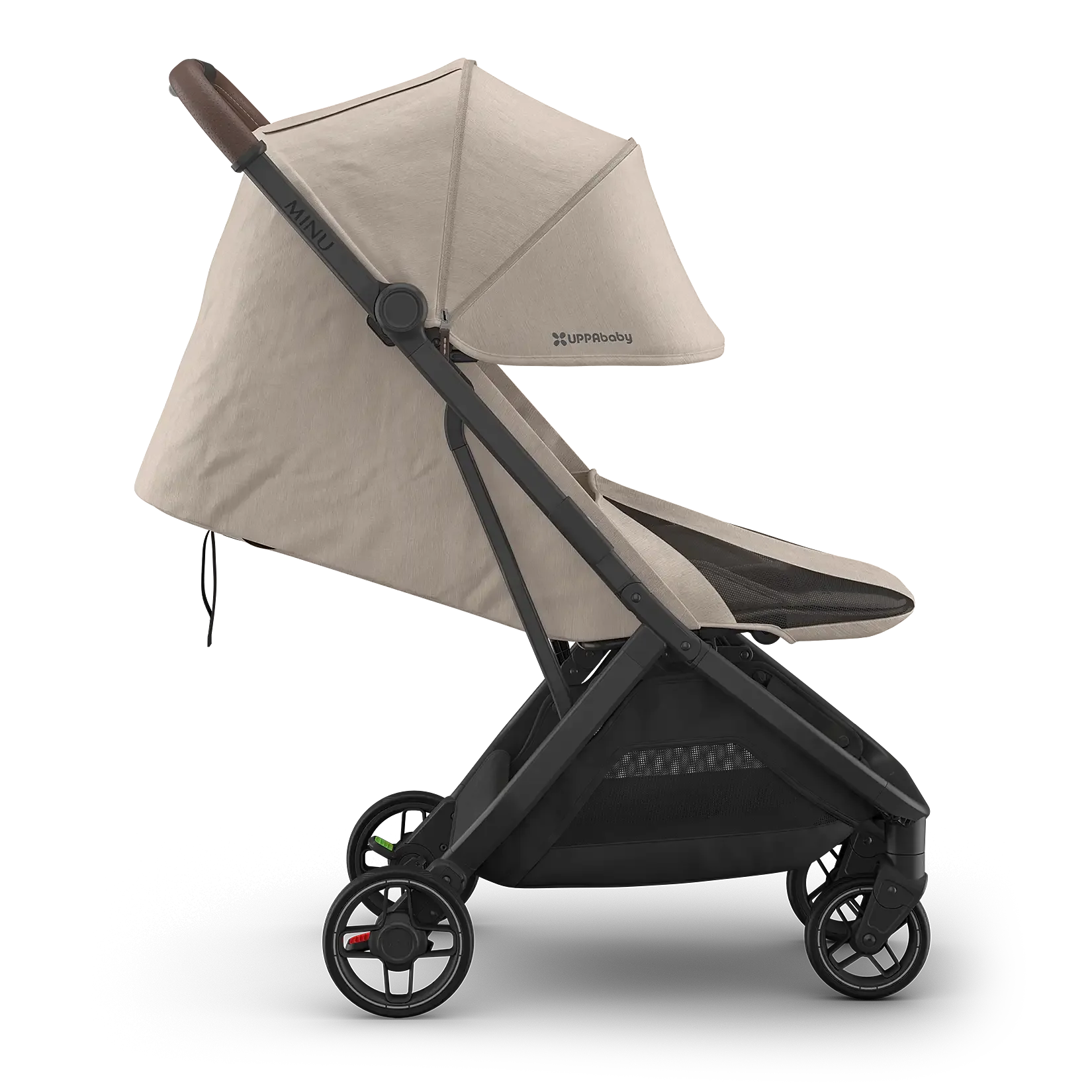 UPPAbaby Minu V3 Stroller - Ada (Charcoal Melange | Carbon Frame | Chestnut Leather) - Side View with Newborn Ready