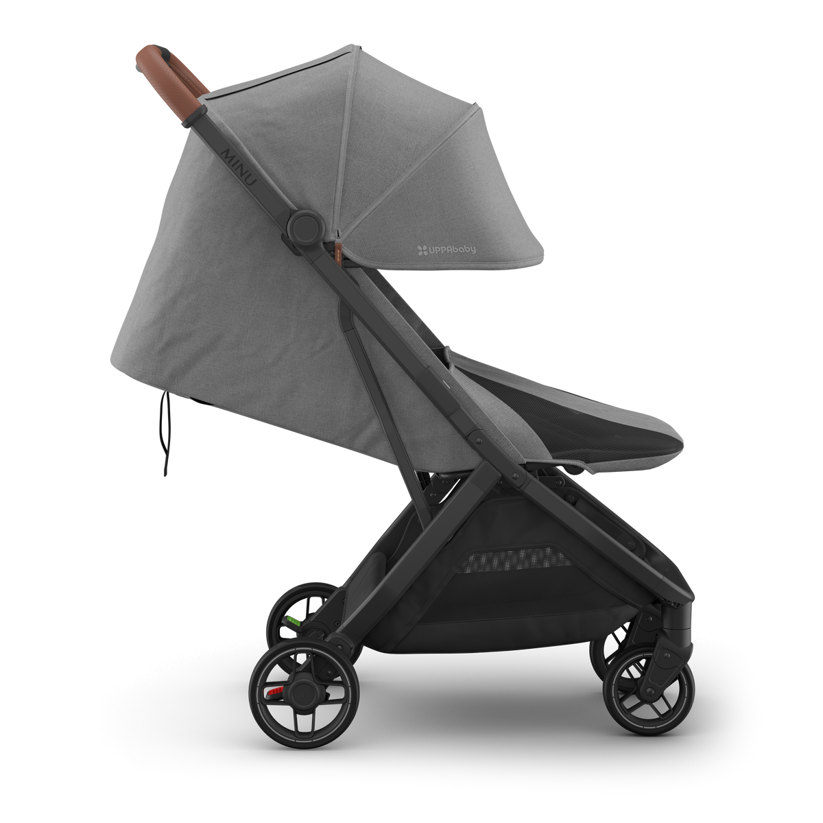 UPPAbaby Minu V3 Stroller - Greyson (Charcoal Melange/Carbon/Saddle Leather) - Side View with Infant Conversion