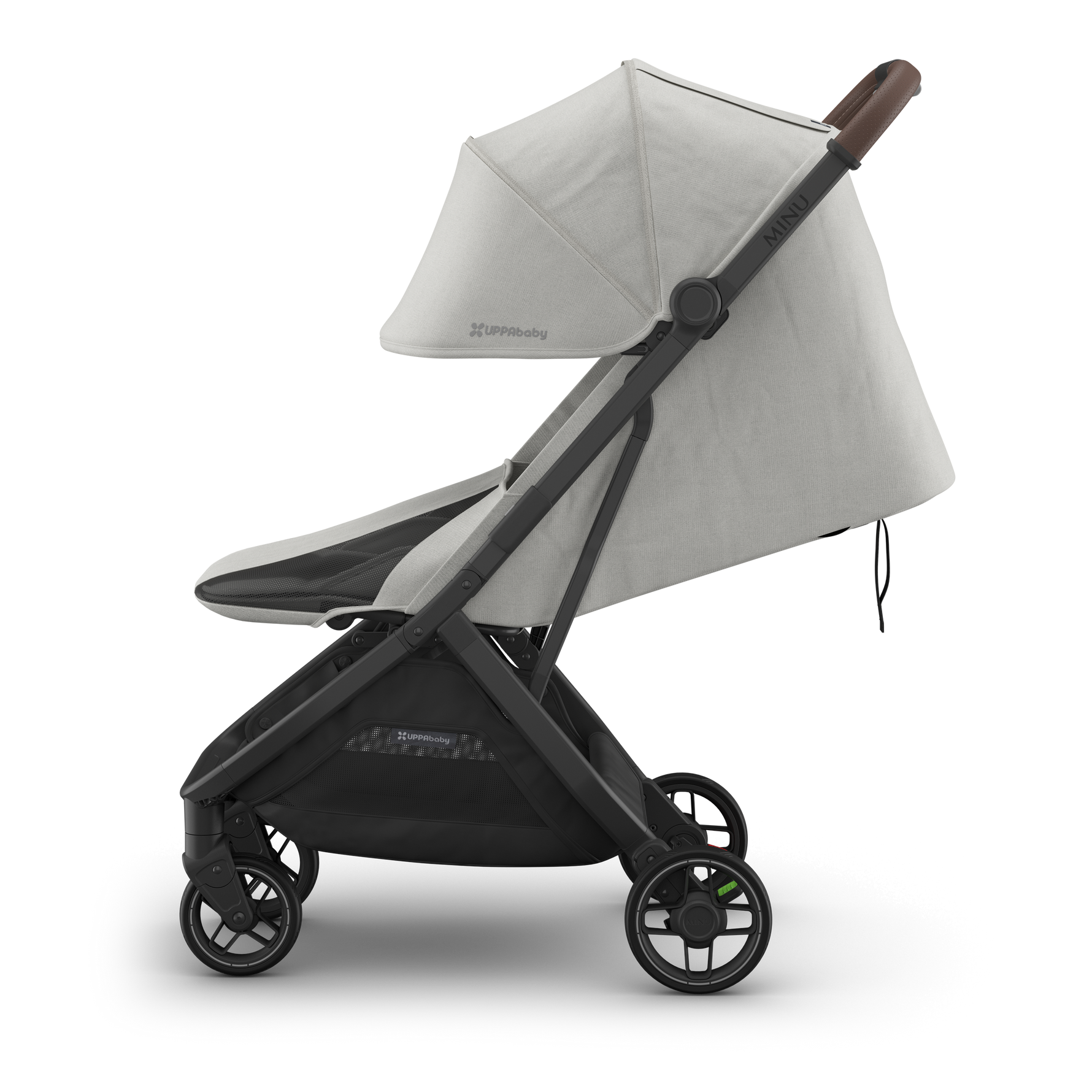UPPAbaby Minu V3 Stroller - Savannah (Pearl Grey Jacquard/Carbon/Chestnut Leather) - Side View with Recline