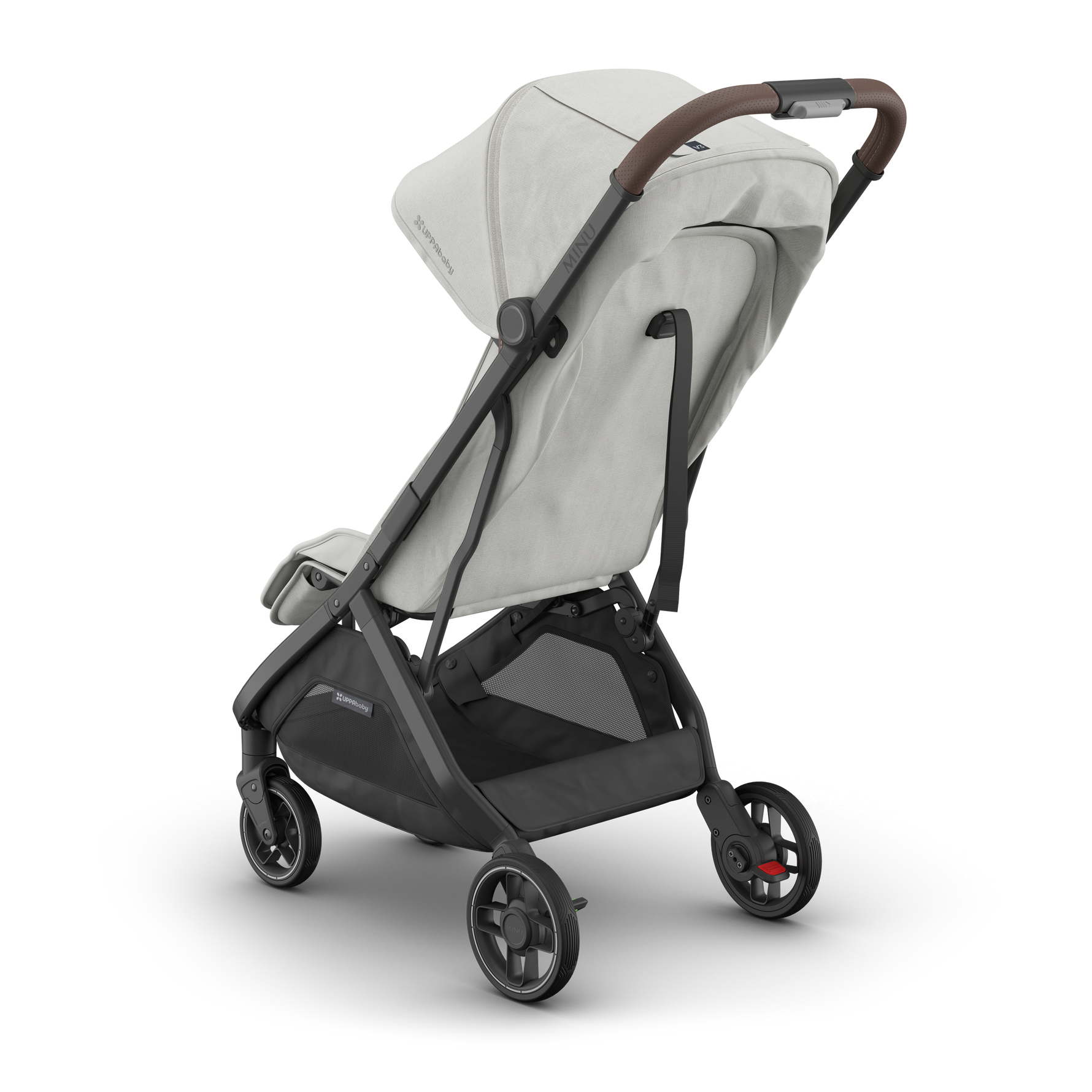 UPPAbaby Minu V3 Stroller - Savannah (Pearl Grey Jacquard/Carbon/Chestnut Leather) - Rear Angle View