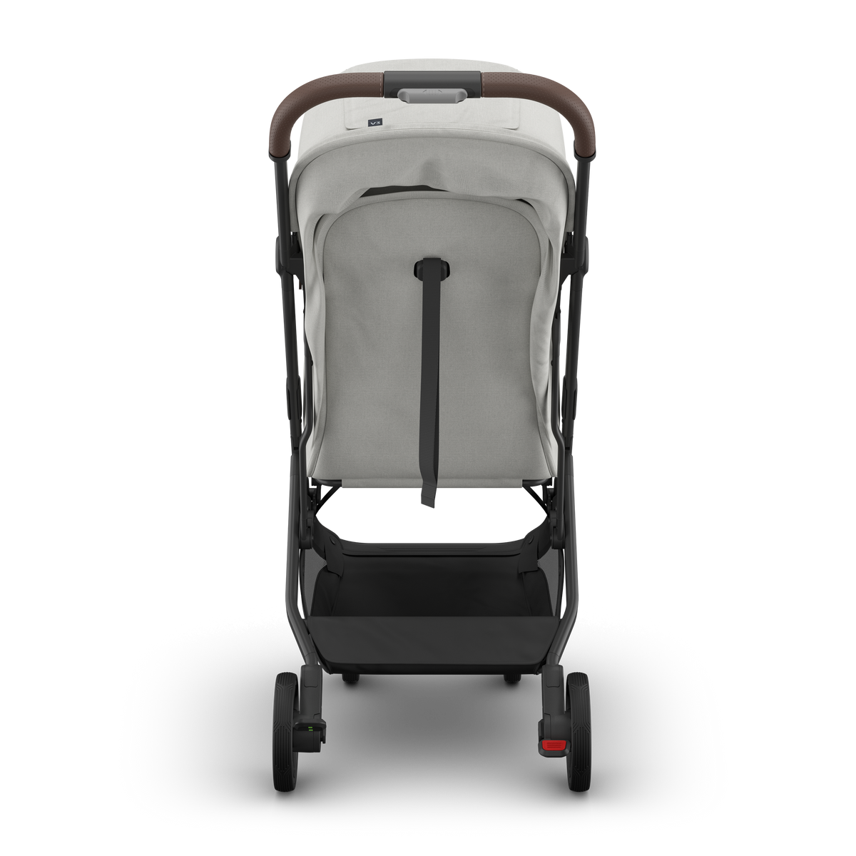 UPPAbaby Minu V3 Stroller - Savannah (Pearl Grey Jacquard/Carbon/Chestnut Leather) - Rear View
