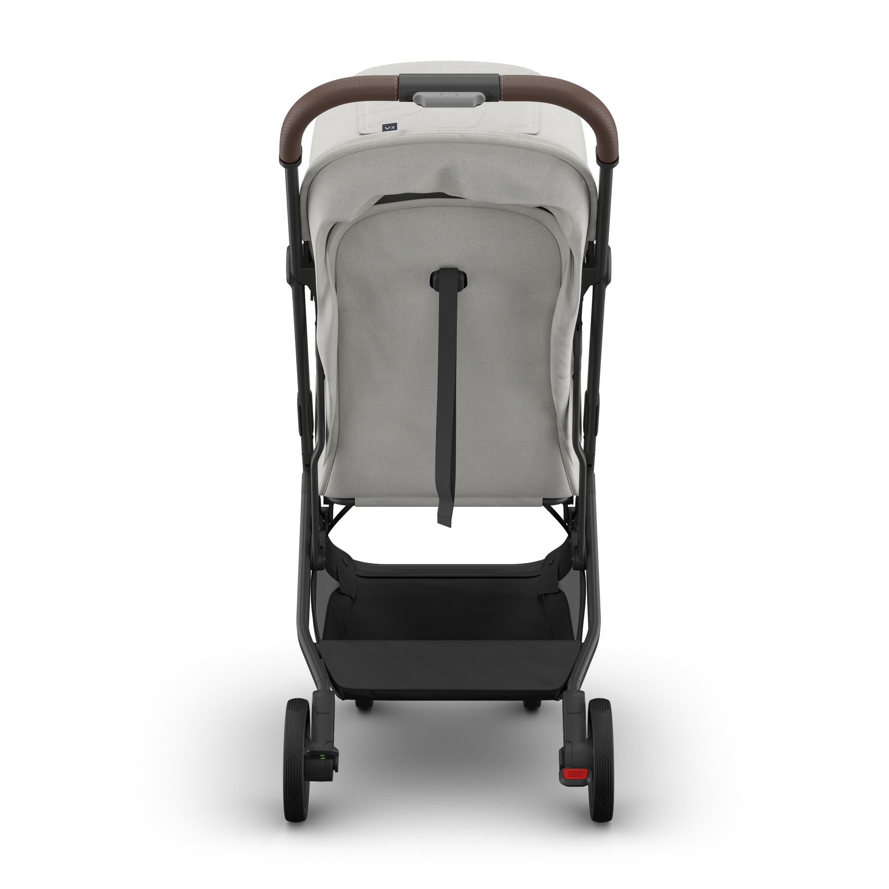 UPPAbaby Minu V3 Stroller - Savannah (Pearl Grey Jacquard/Carbon/Chestnut Leather) - Rear View