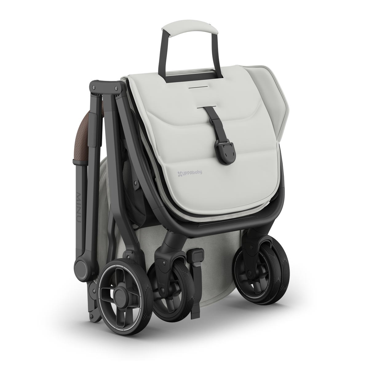 UPPAbaby Minu V3 Stroller - Savannah (Pearl Grey Jacquard/Carbon/Chestnut Leather) - Folded with Carry Handle