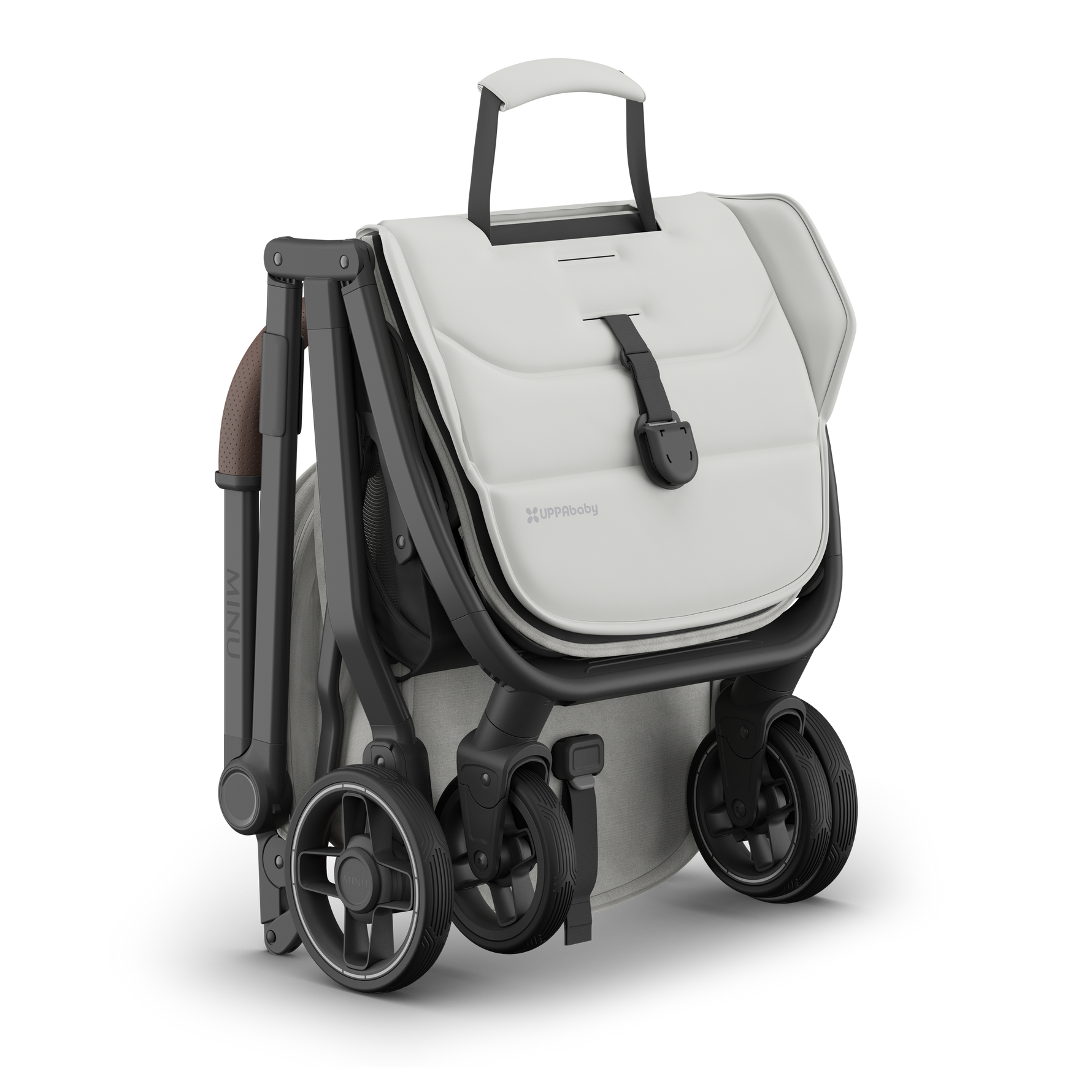 UPPAbaby Minu V3 Stroller - Savannah (Pearl Grey Jacquard/Carbon/Chestnut Leather) - Folded with Carry Handle