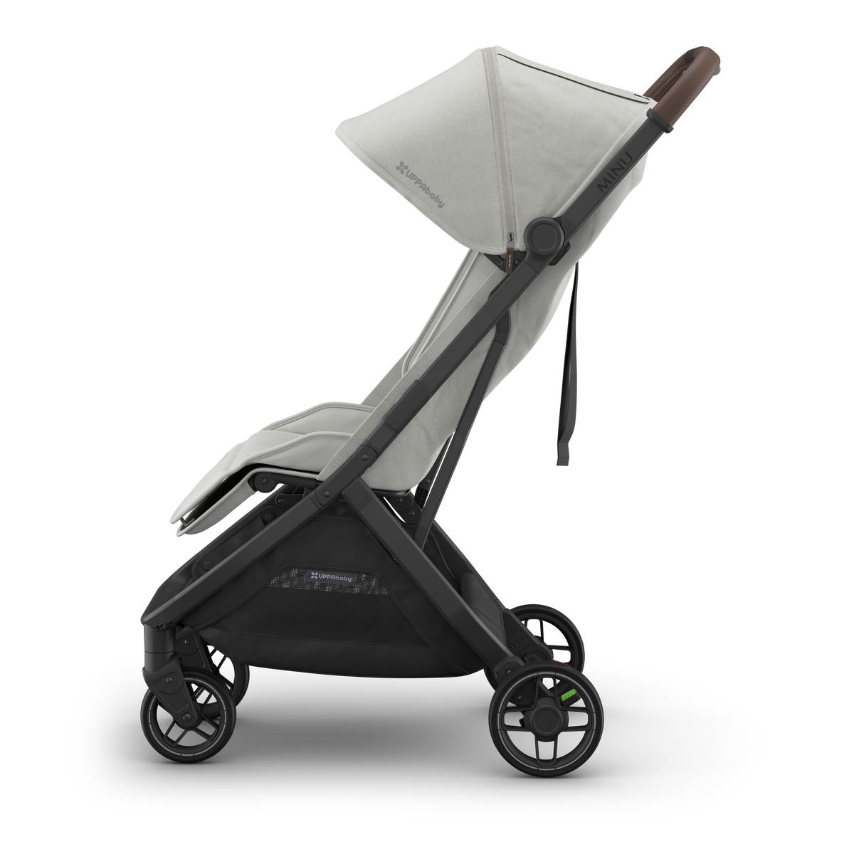 UPPAbaby Minu V3 Stroller - Savannah (Pearl Grey Jacquard/Carbon/Chestnut Leather) - Side View