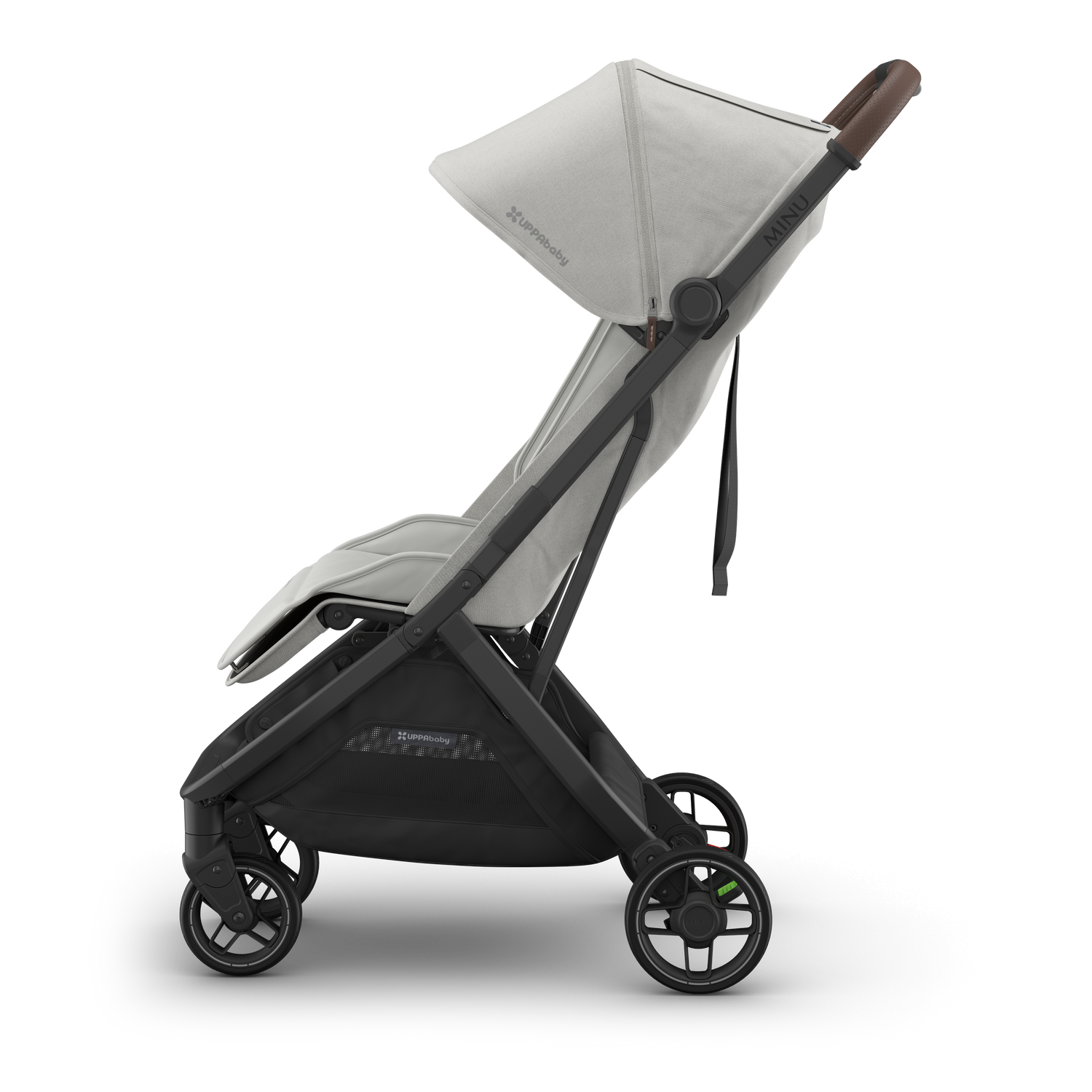 UPPAbaby Minu V3 Stroller - Savannah (Pearl Grey Jacquard/Carbon/Chestnut Leather) - Side View