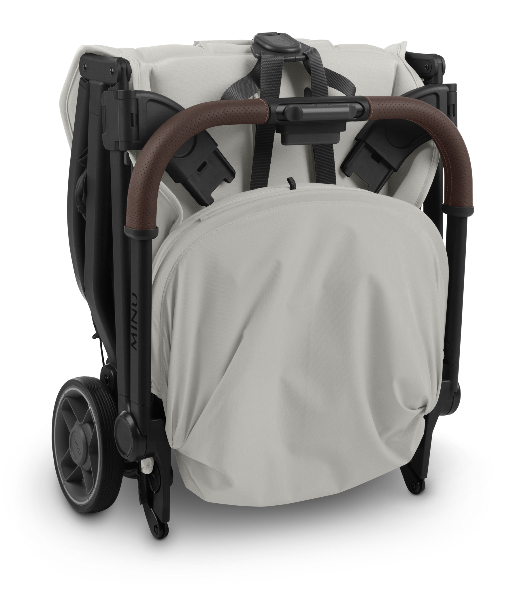 UPPAbaby Minu V3 Stroller - Savannah (Pearl Grey Jacquard/Carbon/Chestnut Leather) - Folded