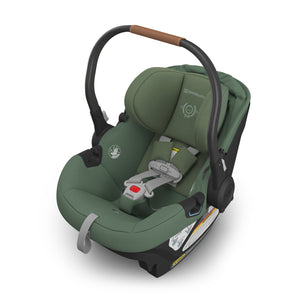UPPAbaby Aria Infant Car Seat - Gwen (Green/Saddle Leather) Angle with Canopy Down
