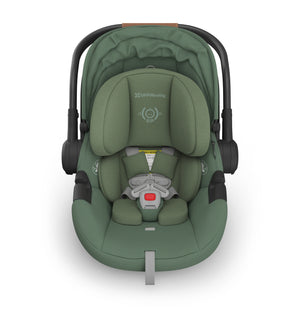 UPPAbaby Aria Infant Car Seat - Gwen (Green/Saddle Leather) Above with Canopy Down