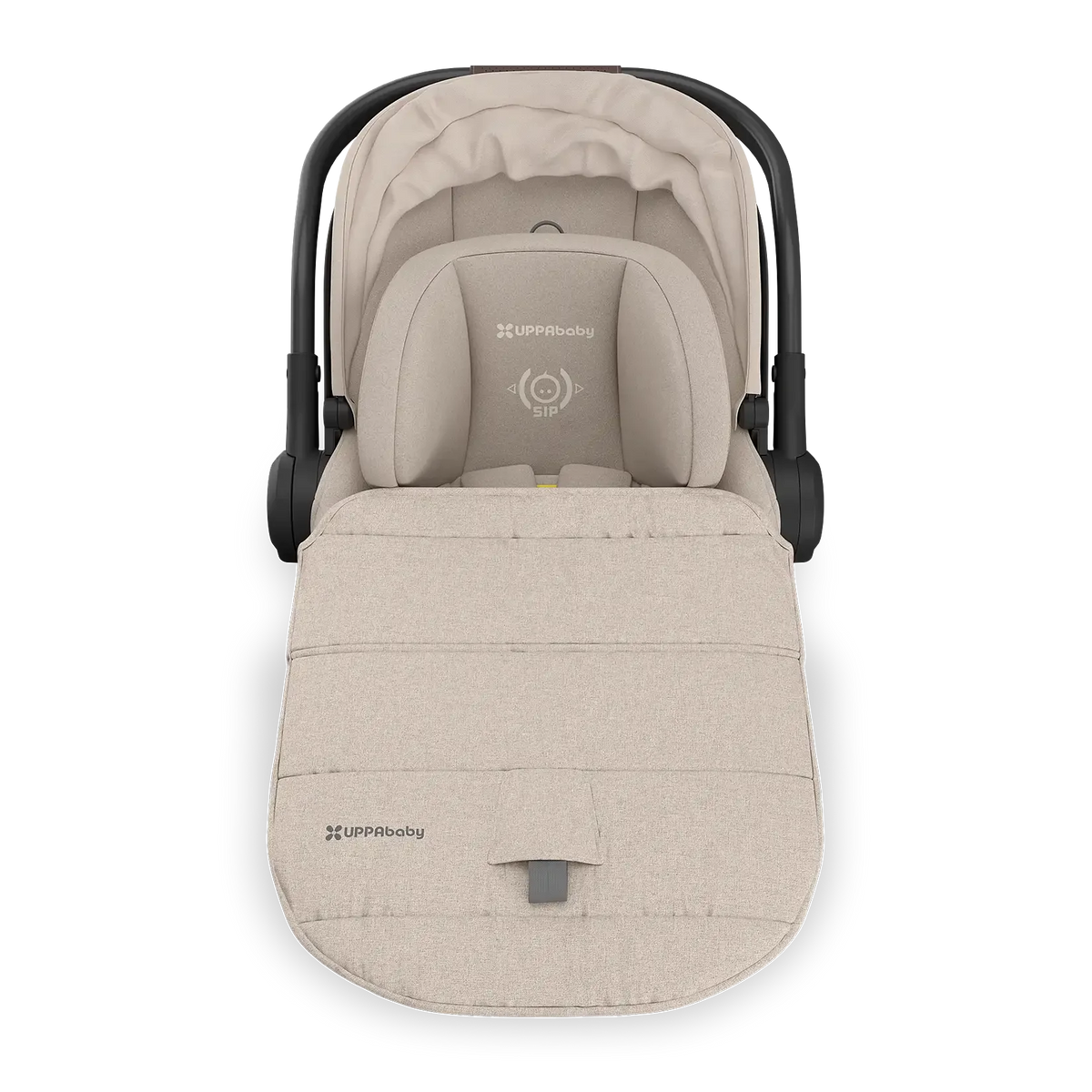 UPPAbaby Aria V2 Infant Car Seat - Ada (Sandstone Melange | Chestnut Leather) - Front View with Cover