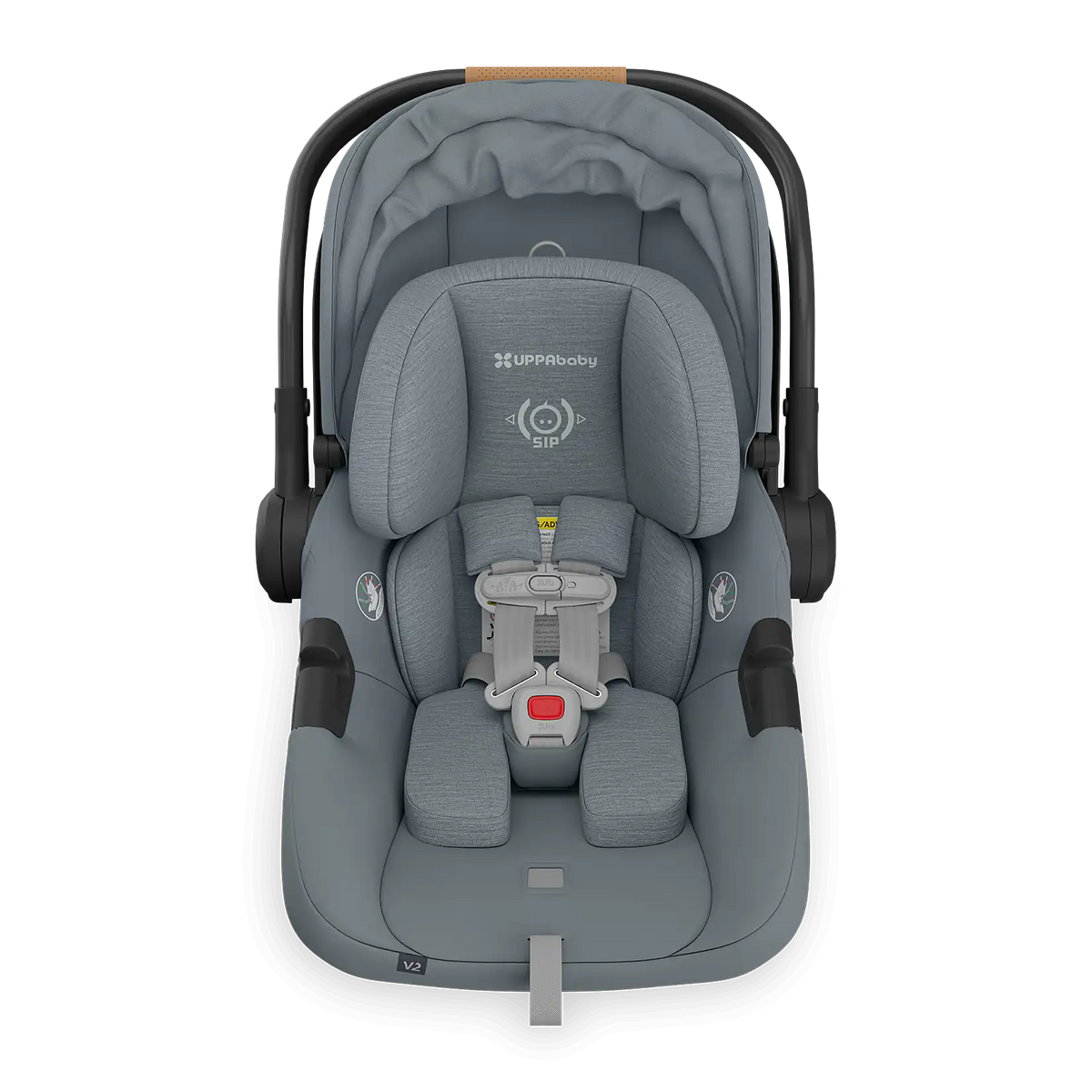 UPPAbaby Aria V2 Infant Car Seat - Callum/Dillan( Stone Blue | Sand Leather)  Front View Canopy Retracted
