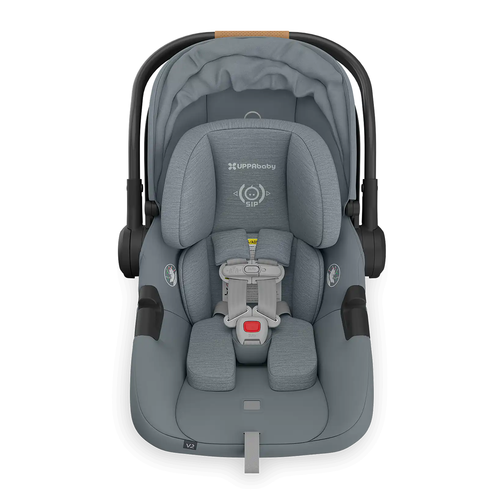 UPPAbaby Aria V2 Infant Car Seat - Callum/Dillan( Stone Blue | Sand Leather)  Front View Canopy Retracted
