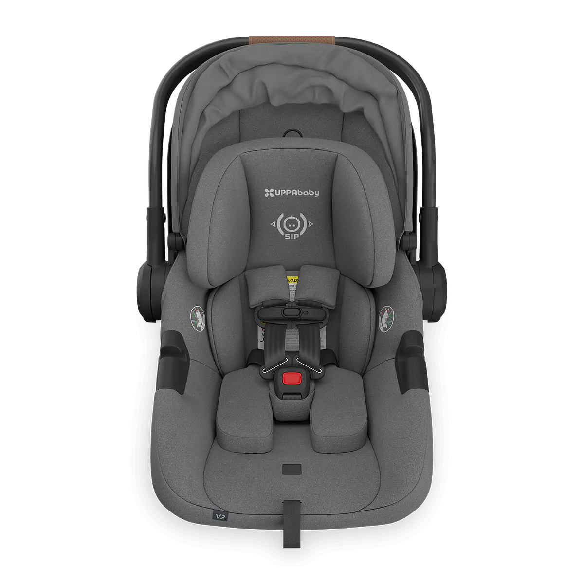 UPPAbaby Aria V2 Infant Car Seat - Greyson (Charcoal Melange | Saddle Leather) Retracted Canopy