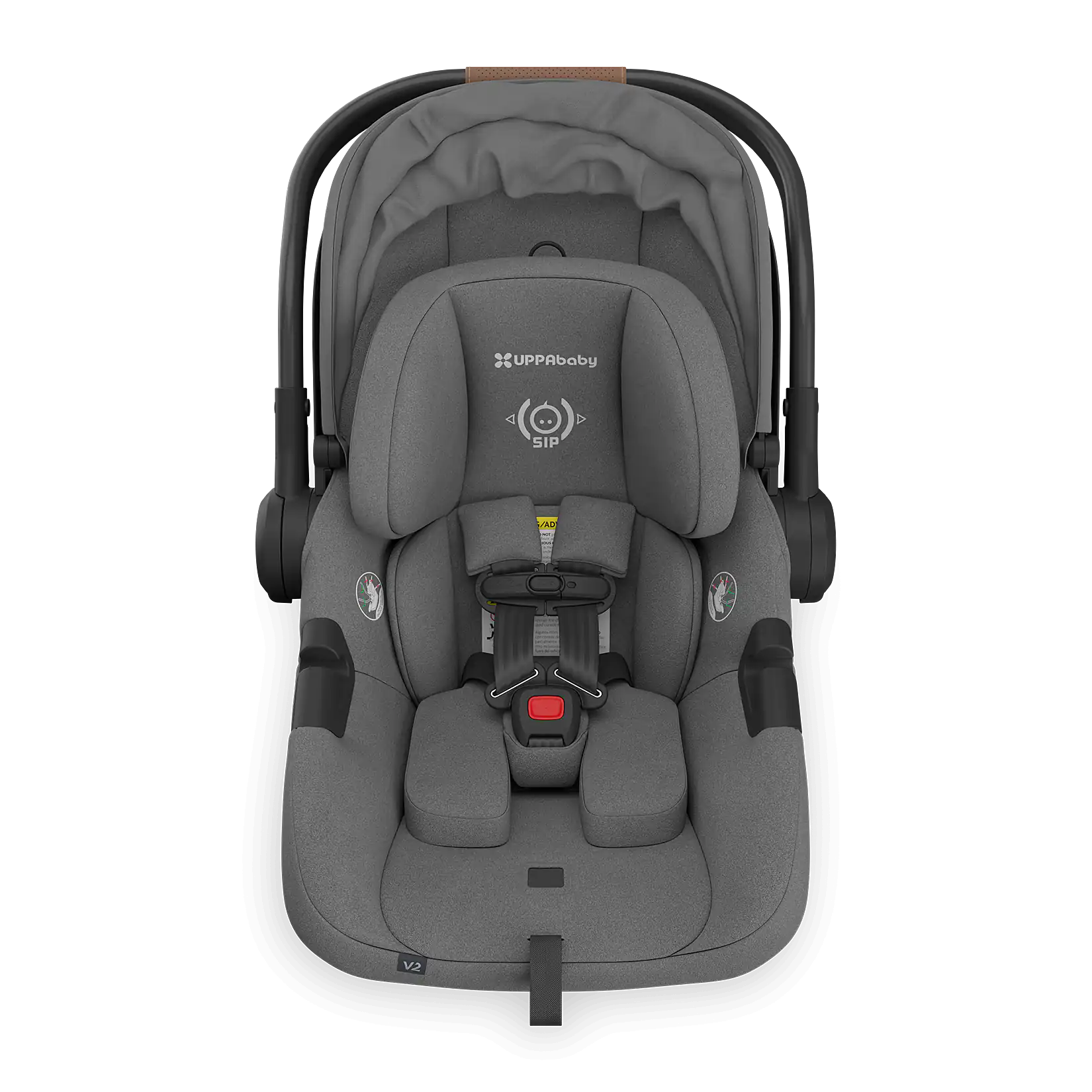 UPPAbaby Aria V2 Infant Car Seat - Greyson (Charcoal Melange | Saddle Leather) Retracted Canopy