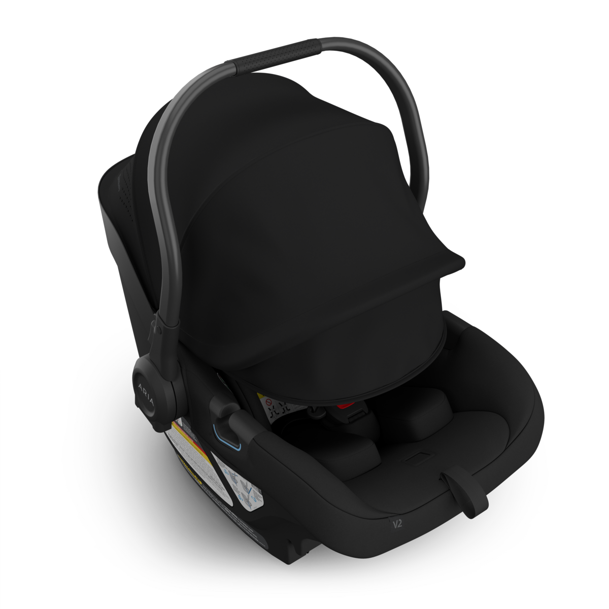 UPPAbaby Aria V2 Infant Car Seat - James (Black | Black Leather) - Top Angle View with Canopy Extended