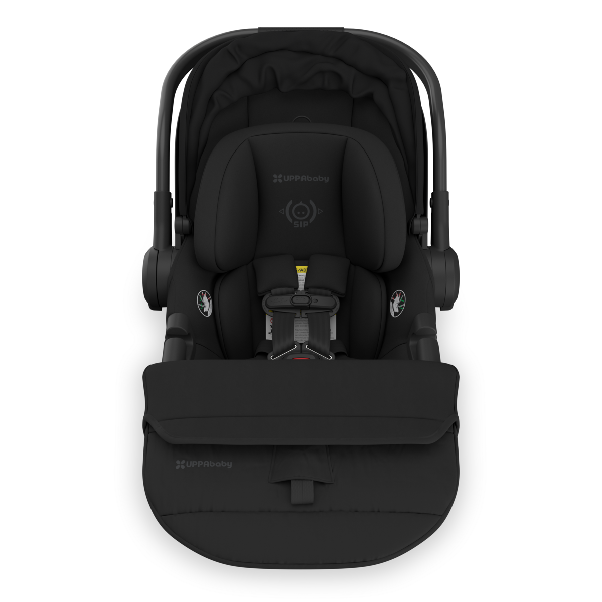 UPPAbaby Aria V2 Infant Car Seat - James (Black | Black Leather) - Front View with Cover