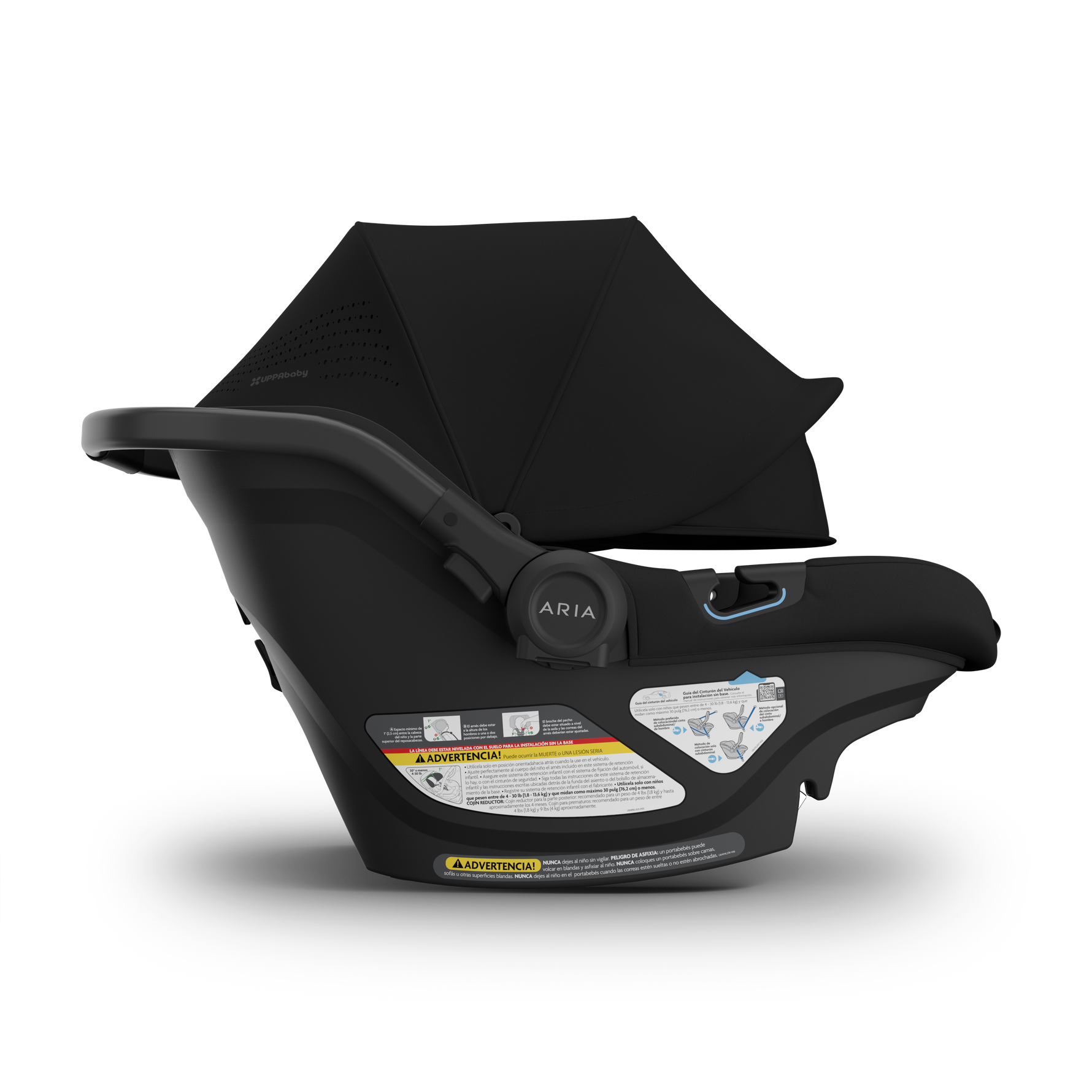 UPPAbaby Aria V2 Infant Car Seat James (Black | Black Leather) - Extended Sun Canopy Side View