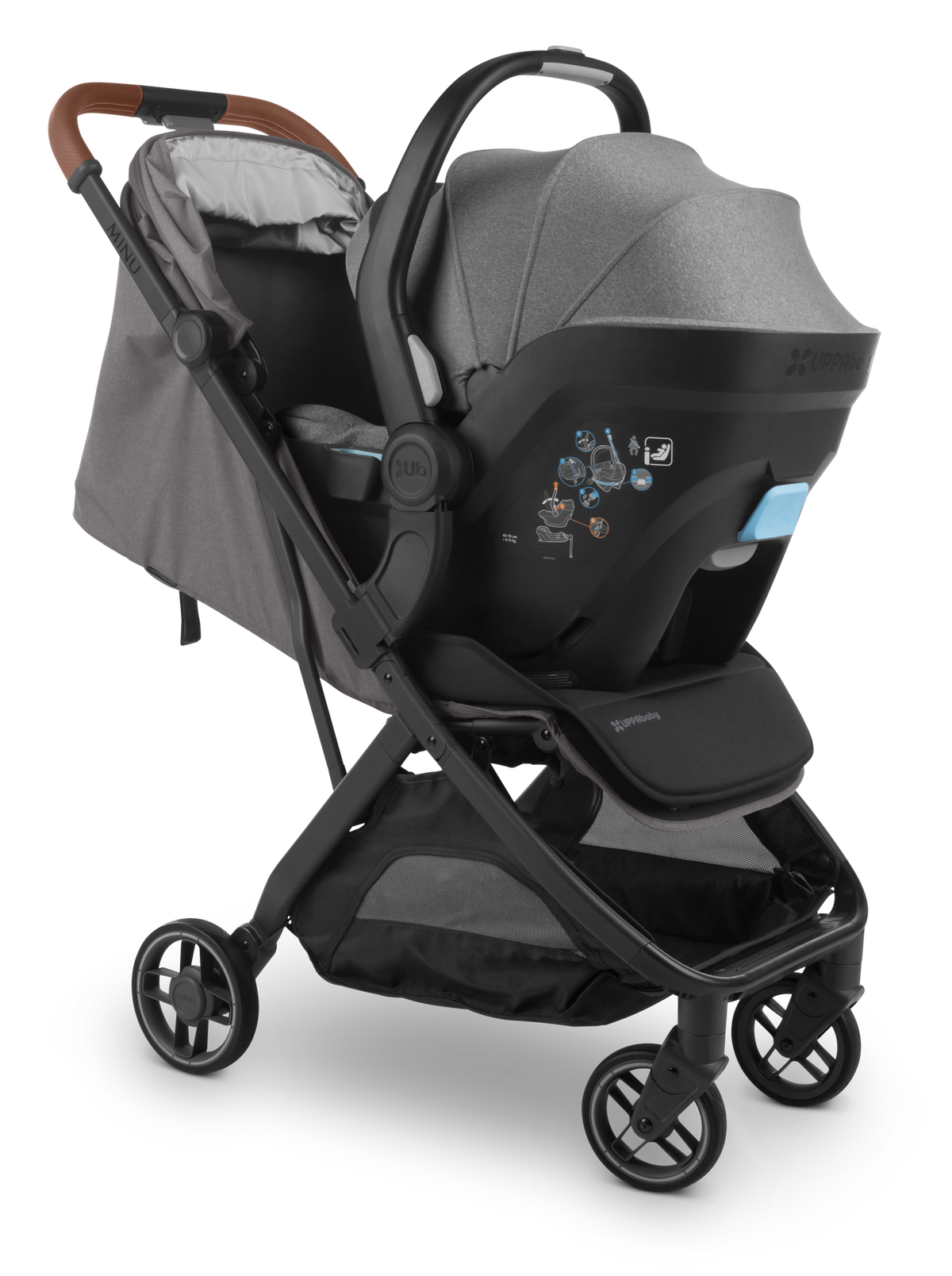 UPPAbaby Minu V3 Stroller - Greyson (Charcoal Melange/Carbon/Saddle Leather) - with infant car seat