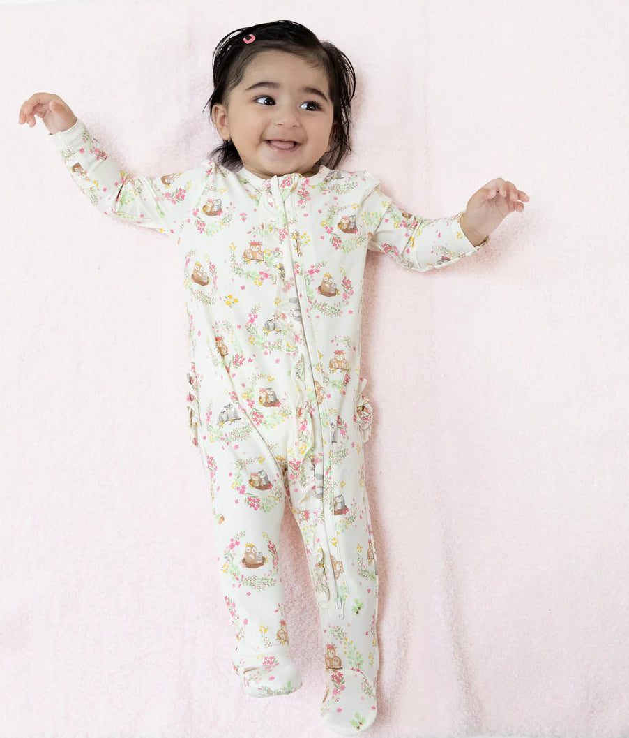 Angel Dear Zipper Ruffle Back Footie - Floral Owl Families - Lifestyle