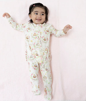 Angel Dear Zipper Ruffle Back Footie - Floral Owl Families - Lifestyle
