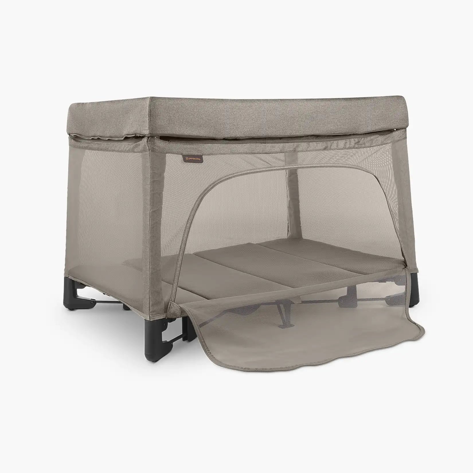 UPPAbaby Remi Playard - Wells (Dark Taupe Melange) - Angle View with Front Open