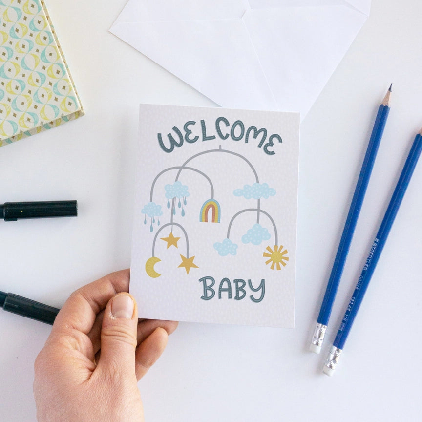 Pedaller Designs Greeting Card - Welcome Baby In Hand to Scale