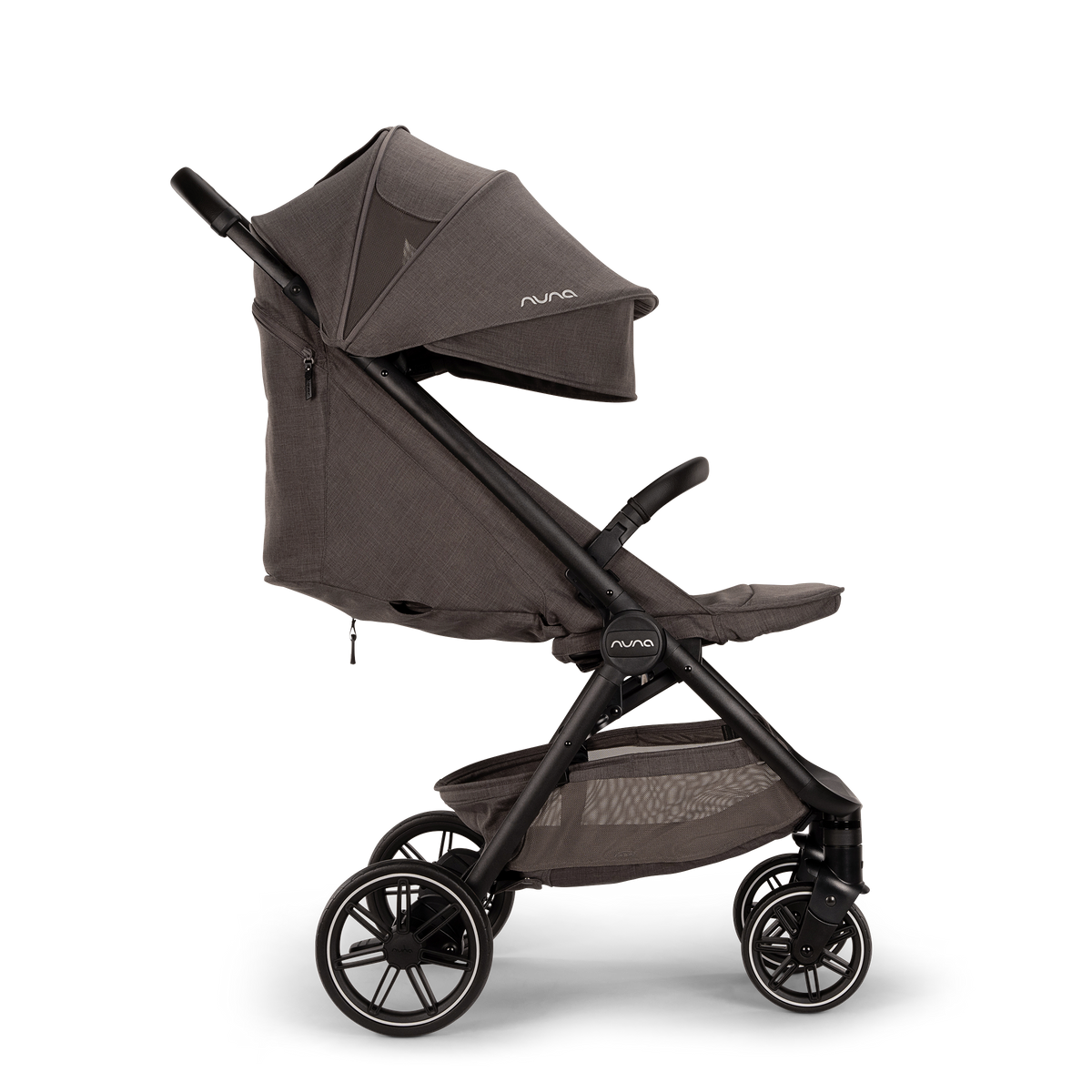 Nuna TRVL lx Stroller - Pewter Side View Reclined with Canopy Extended