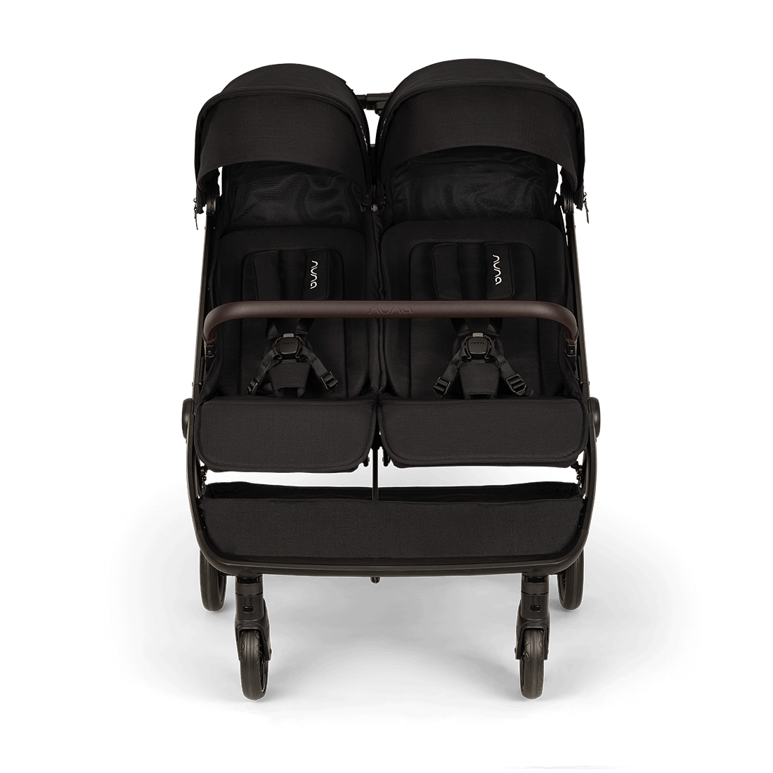 Caviar Nuna TRVL DUBL Stroller -  Forward View with Both Canopies Down