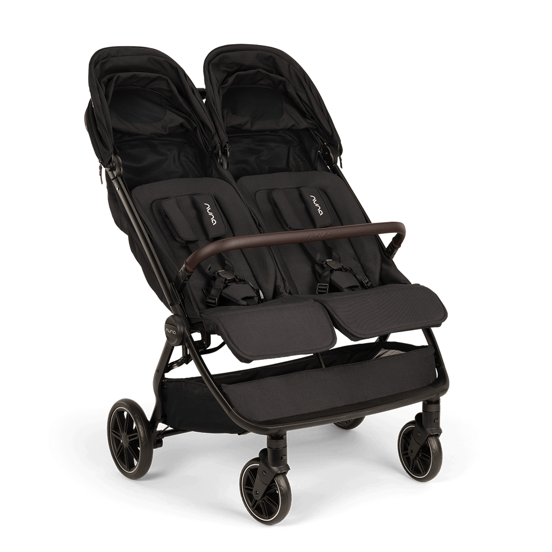 Caviar Nuna TRVL DUBL Stroller -  Angled View with Canopies Up