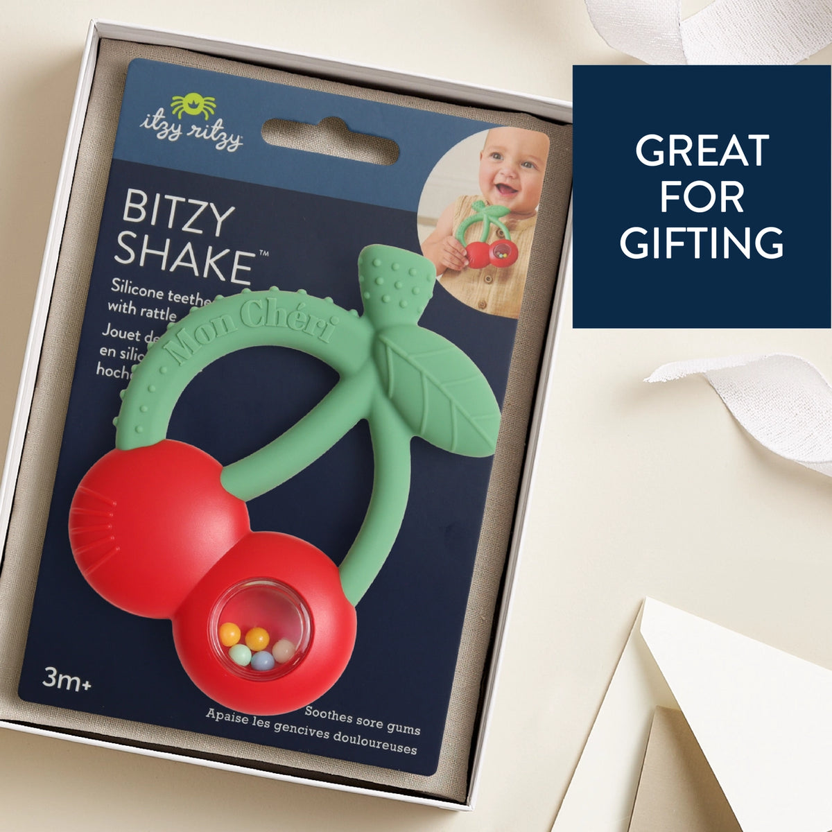 Itzy Ritzy Bitzy Shake™ Silicone Teether with Rattle - Cherries Giftable Packaging