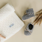 Beba Bean Leaf Knit Baby Blanket - Ivory Lifestyle with Beba Bean Crochet Booties