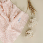 Beba Bean Leaf Knit Baby Blanket - Pink  with Ivory Crochet Knit Booties