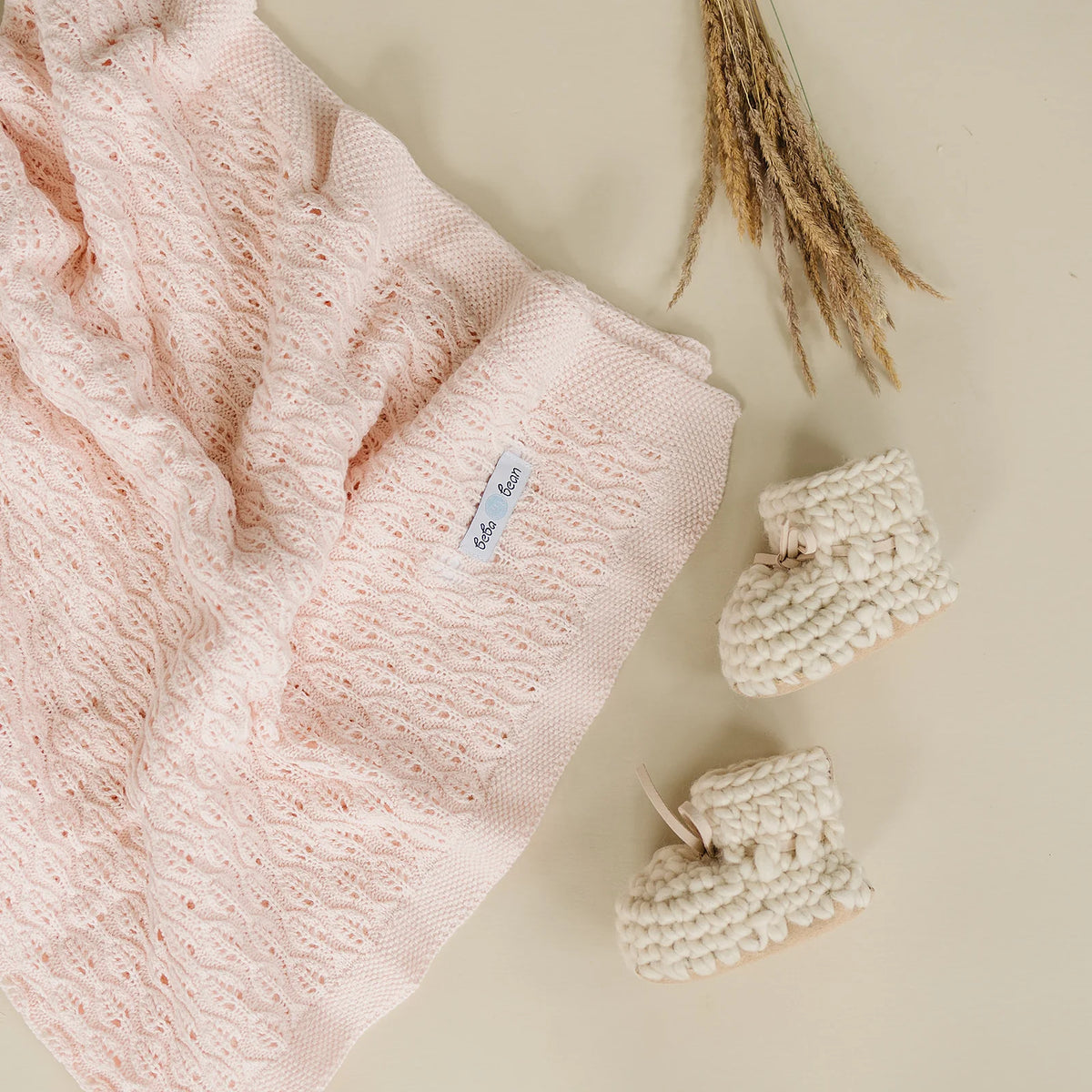 Beba Bean Leaf Knit Baby Blanket - Pink  with Ivory Crochet Knit Booties