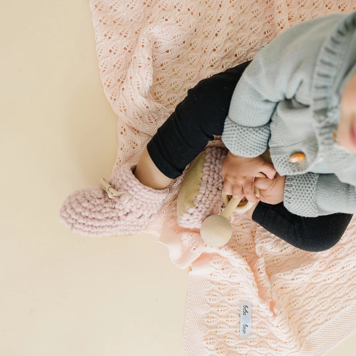Beba Bean Leaf Knit Baby Blanket - Pink with Pink Crochet Knit Booties in Pink