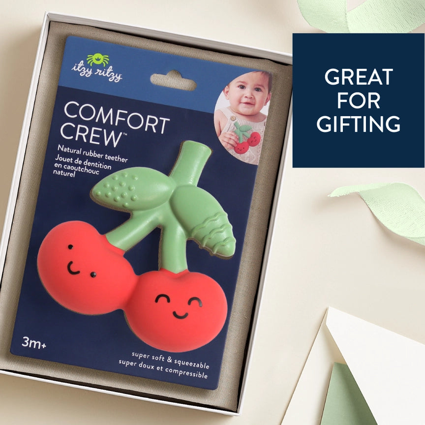 Itzy Ritzy Comfort Crew Natural Rubber Teether - Cherry Giftable Packaging