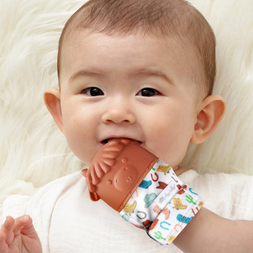 Highland Cow - Itzy Ritzy Itzy Mitt Silicone Teething Mitt Lifestyle