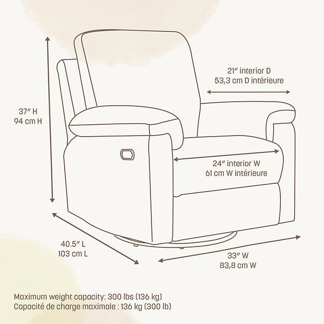 Little Seeds Bellamy Swivel Glider & Power Recliner - Oyster Boucle Dimensions