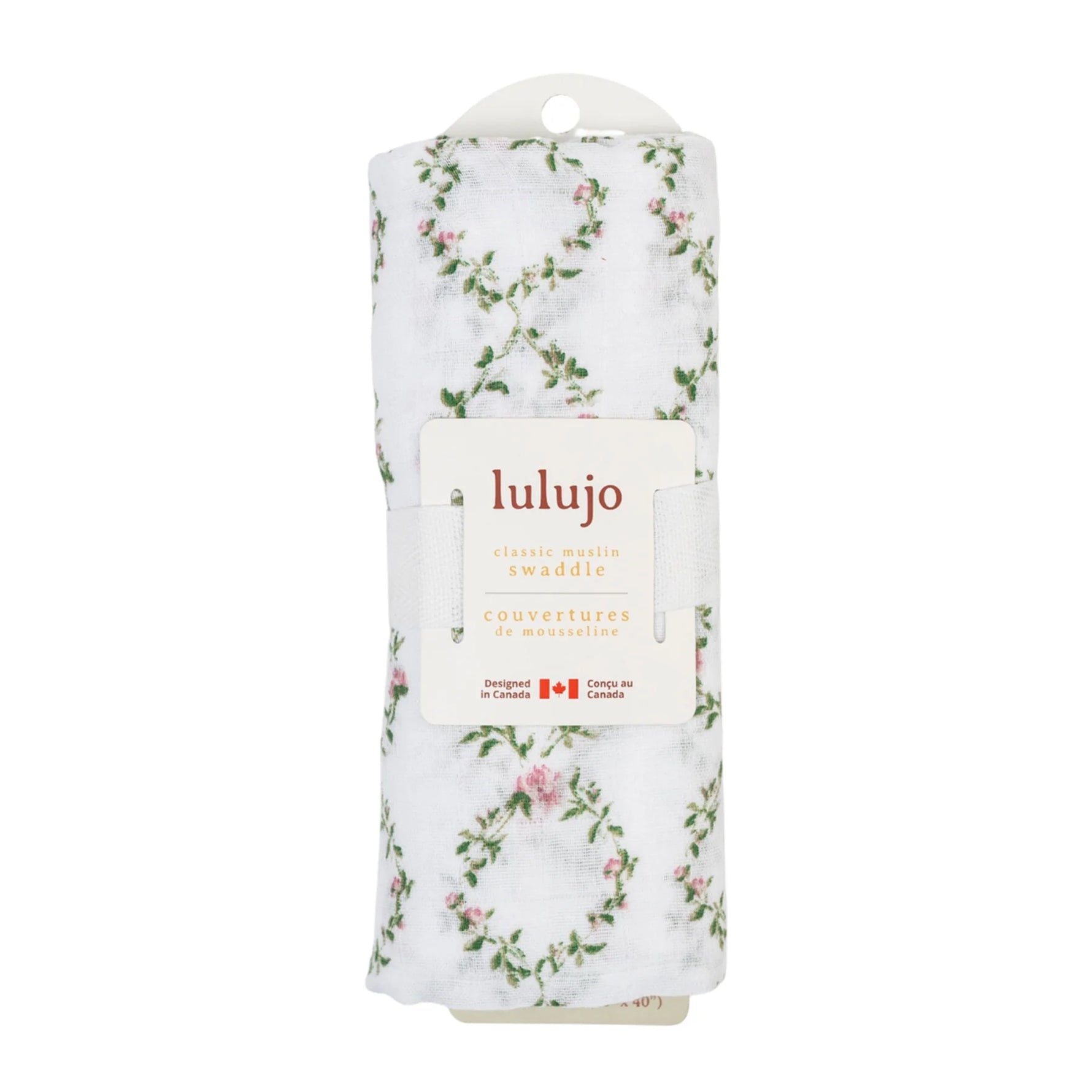 Lulujo Muslin Swaddle Blanket - Rose Trellis Lifestyle Packaged