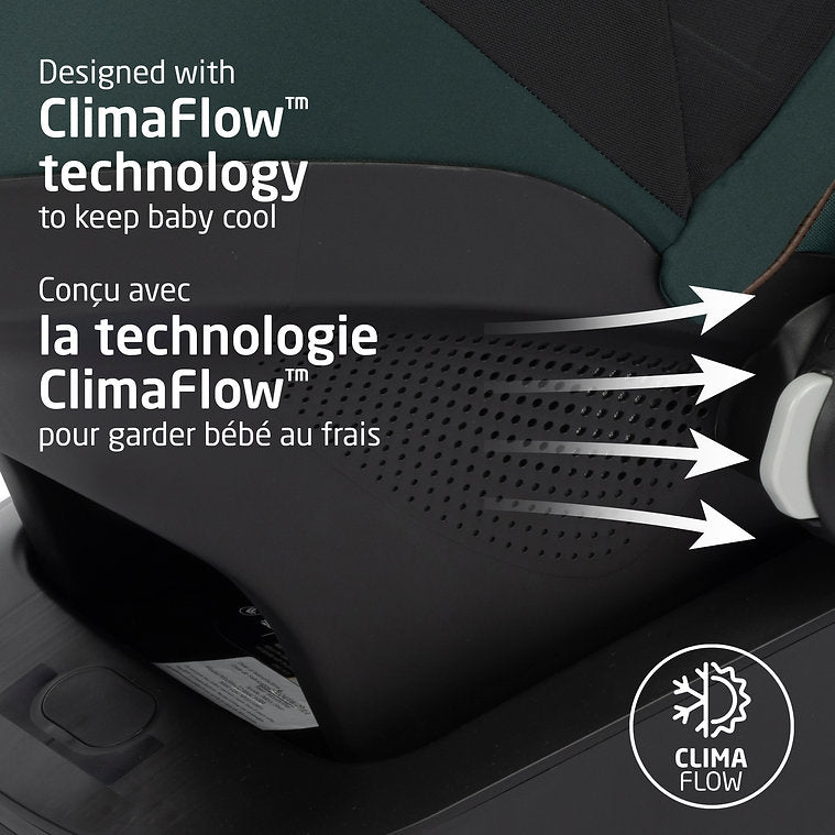 Maxi-Cosi Mico Luxe+ - Twillic Green Car seat with ClimaFlow technology labeled, showing air flow direction.
