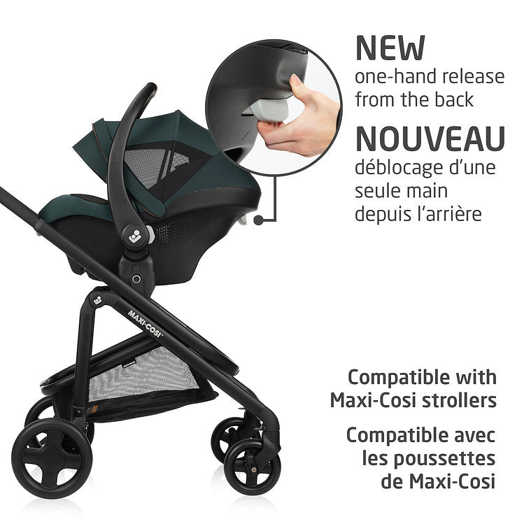 Maxi-Cosi Mico Luxe+ - Twillic Green One Handed Release from stroller