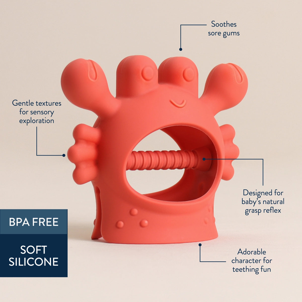 Itzy Ritzy Bitzy Grip™ Silicone Teether - Crab Features List