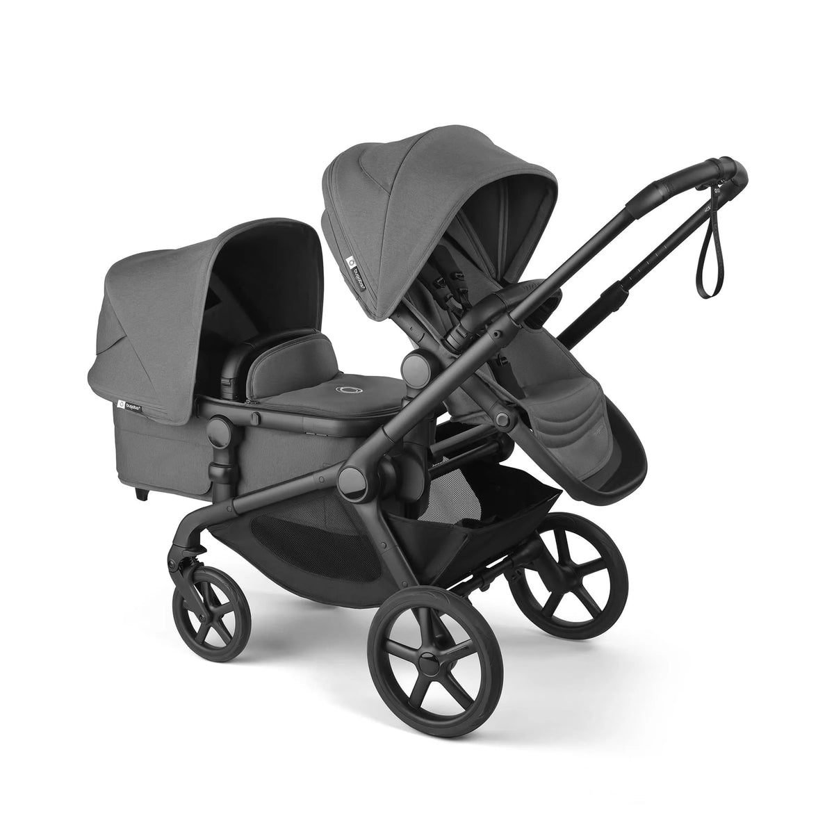 Bugaboo Kangaroo Sibling Seat - Black/Moon Grey Angled View With Pram on Bottom
