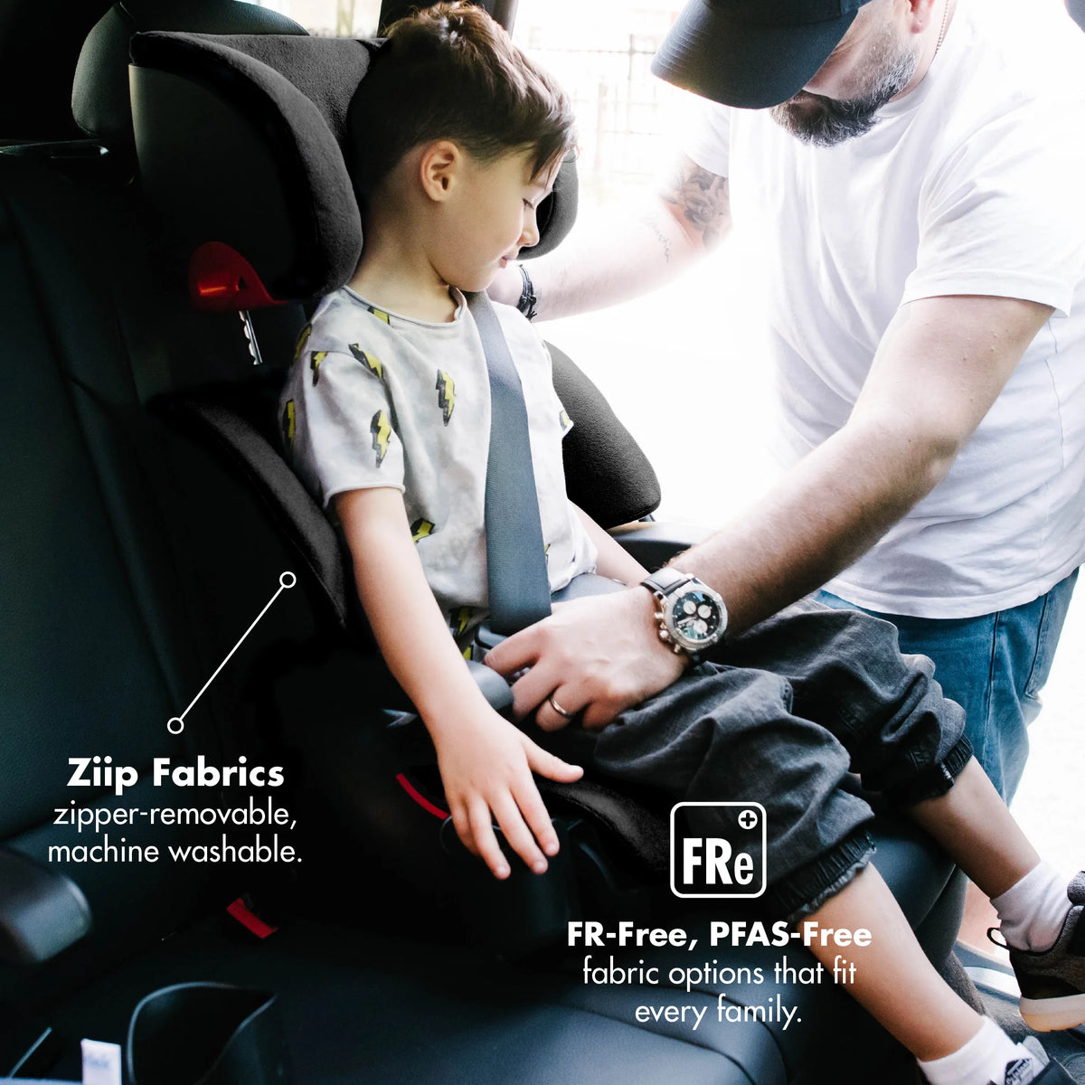 Clek Oobr High Back Booster Seat  - Ziip Removable and Washable Fabrics are PFAS-Free and FR-Free
