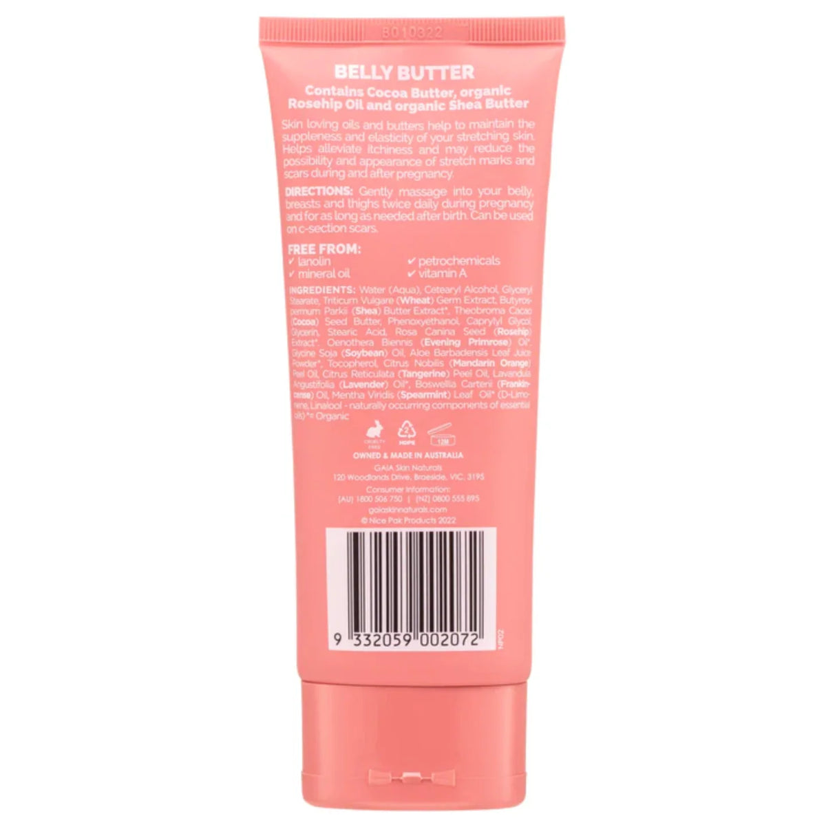 GAIA Belly Butter - Back of Tube with Ingredients