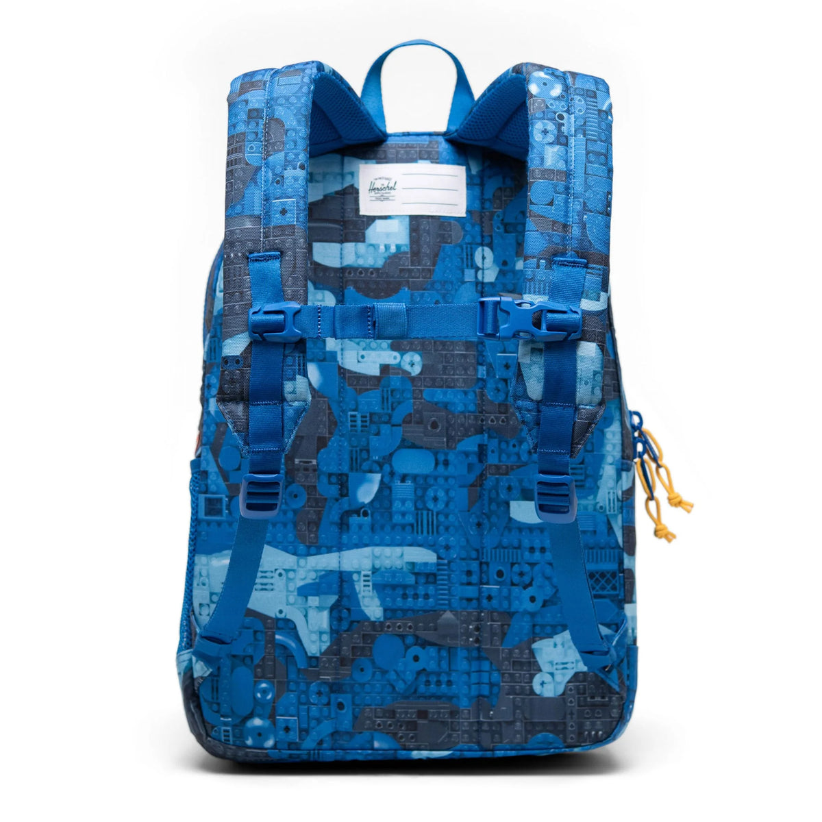 Herschel LEGO® Collection Heritage Youth Backpack - Abstract Bricks Blue Back View with Name Patch, Shoulder Straps and Chest Harness
