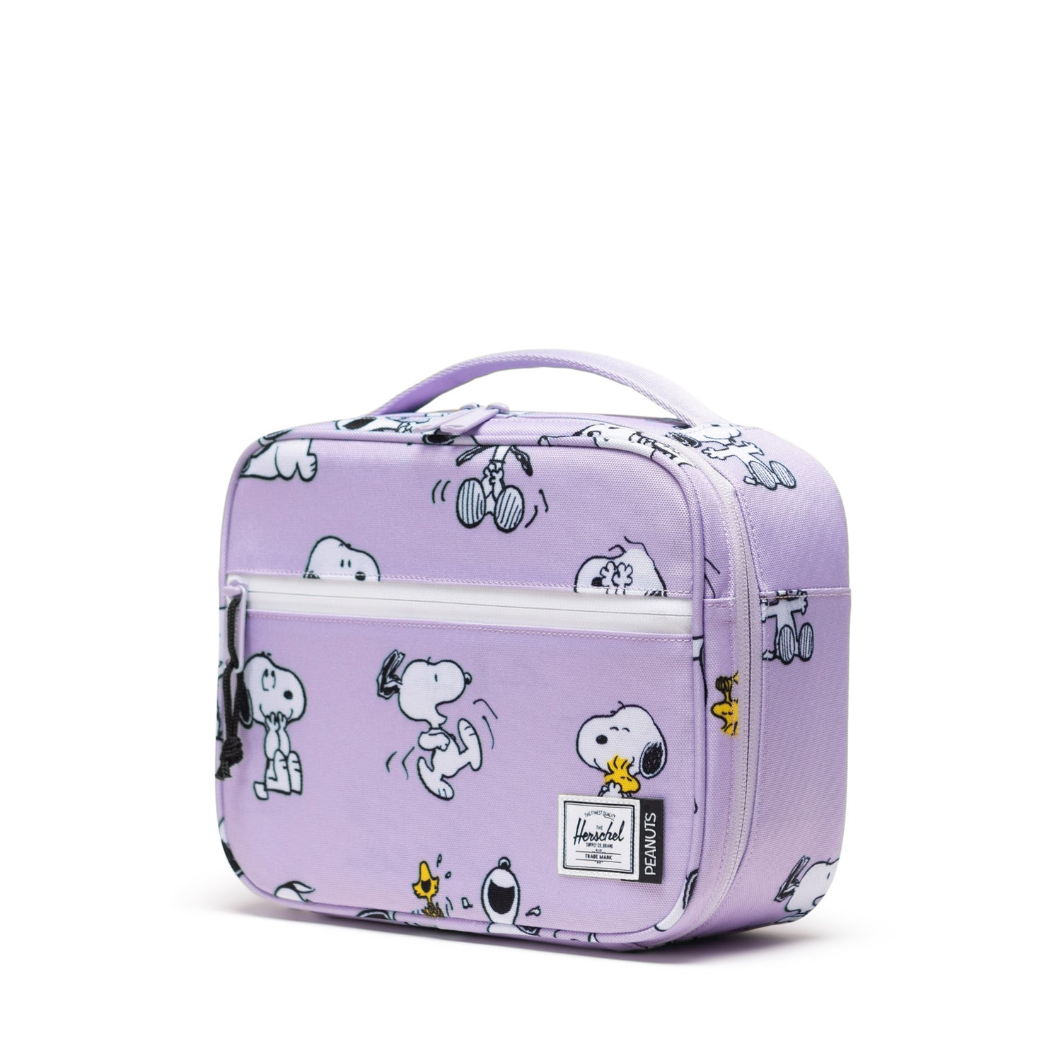 Herschel Pop Quiz Peanuts® Collection Lunch Box - Snoopy & Woodstock Pastel Lilac Side Angle View