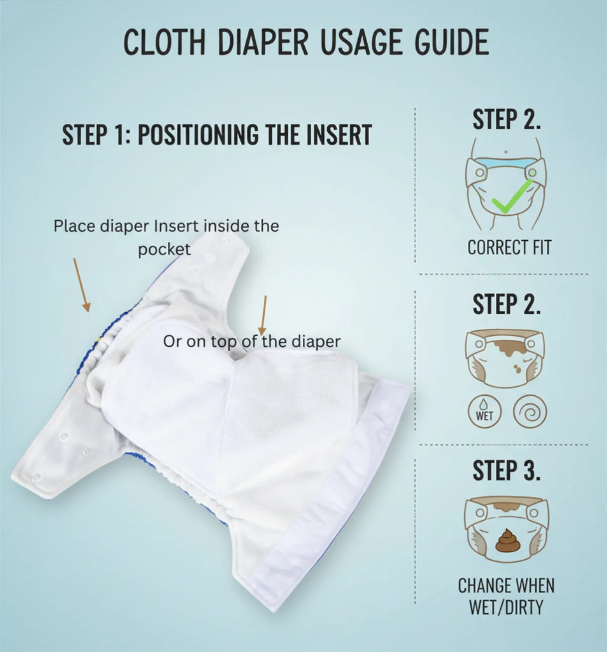 KaWaii Baby One Size Reusable Snap Cloth Diaper Bamboo Bundle - Insert Positioning